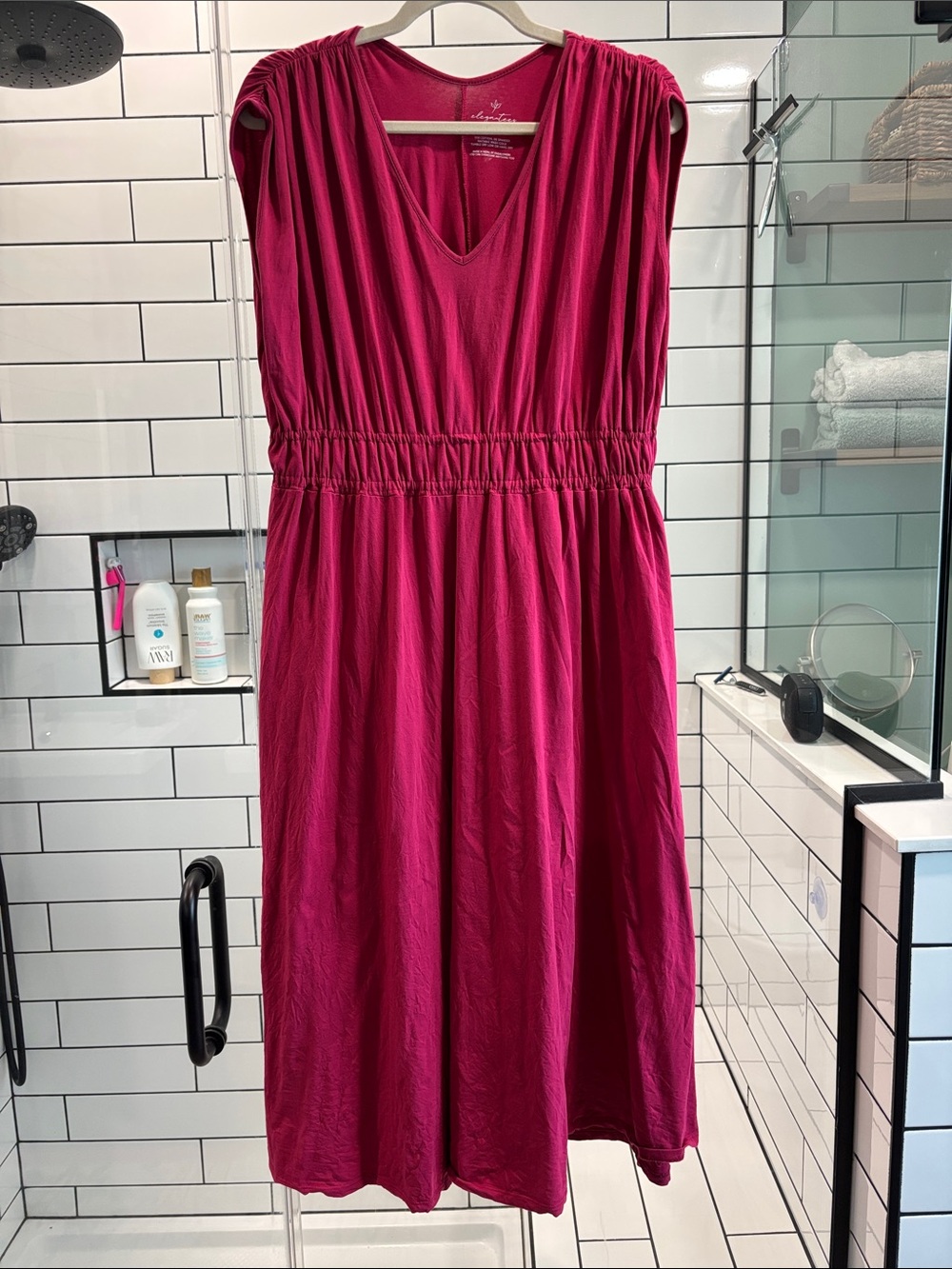 Elegantees Hamptons Sleeveless V-Neck Fuchsia Gathered Waist Dress, Large